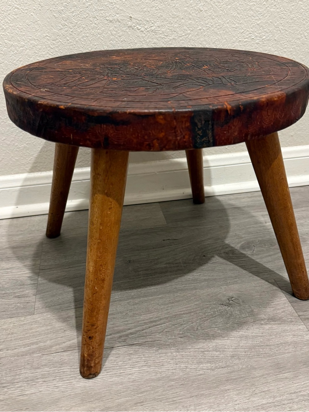 VTG Rustic Mid Century Carved Wood Tripod Stool Hand Made 4 Legs 12”HX 14.5”
